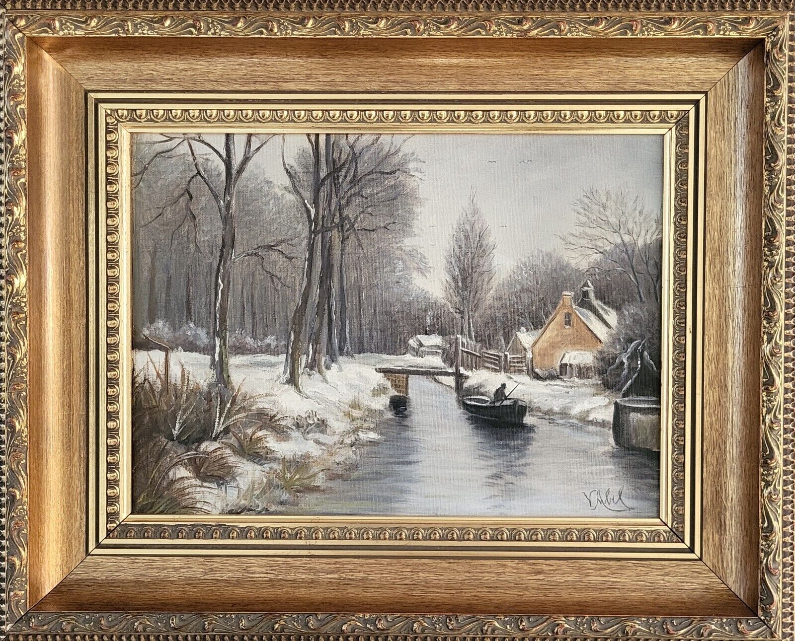 Antique oil painting. V. Abel(19th-20th c.):”Winter fishing in the creek”