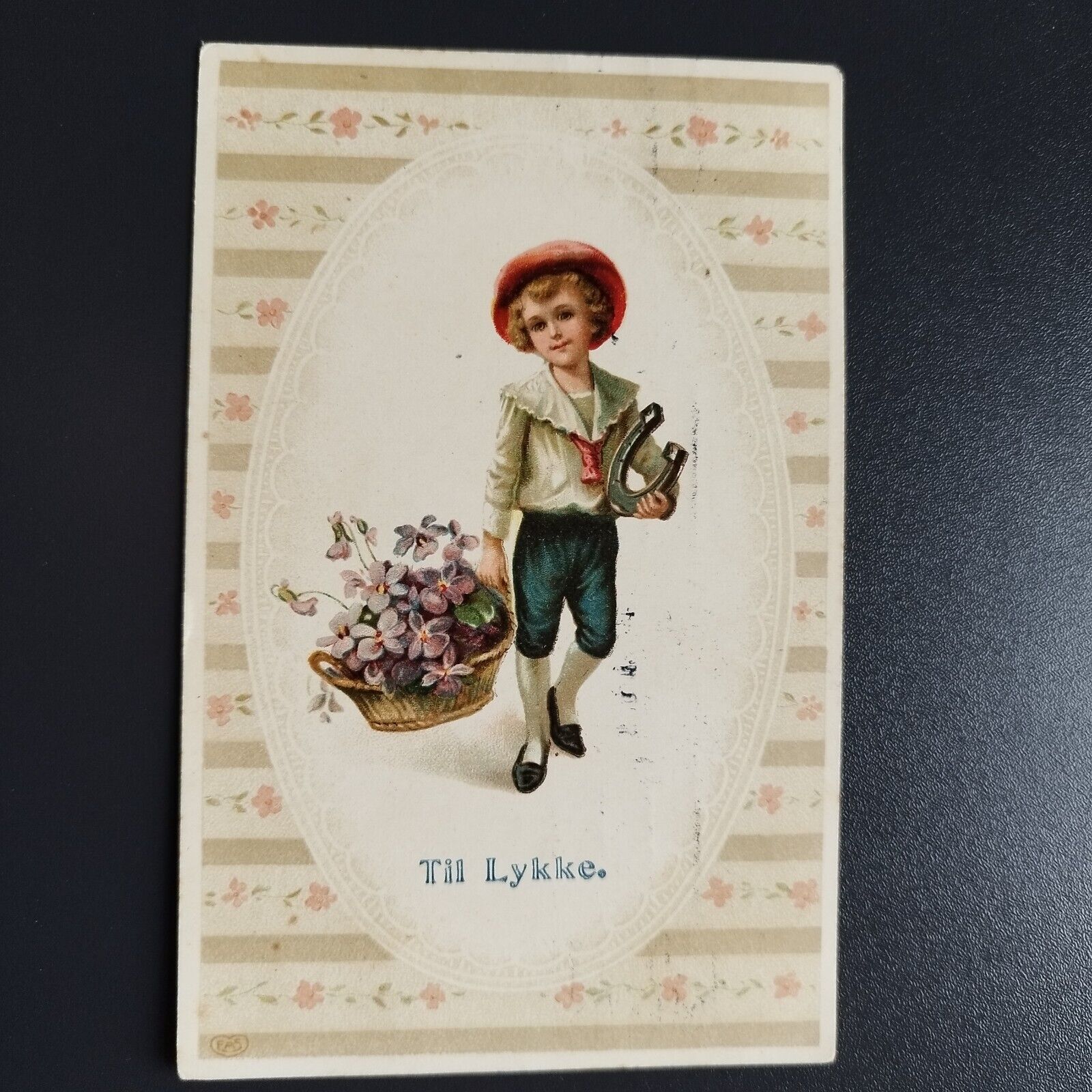 Denmark Charming old postcard  GreetingsYoung boy with flowers Posted 1913