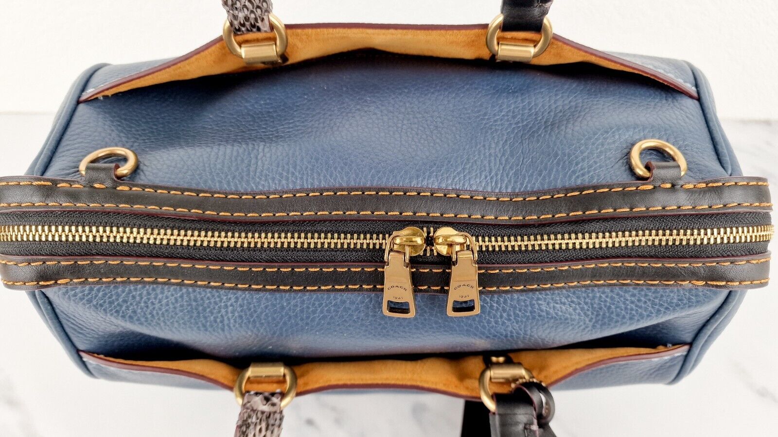 Coach 1941 Rogue Satchel Dark Denim Blue Patchwork Snakeskin Colorblock 58690