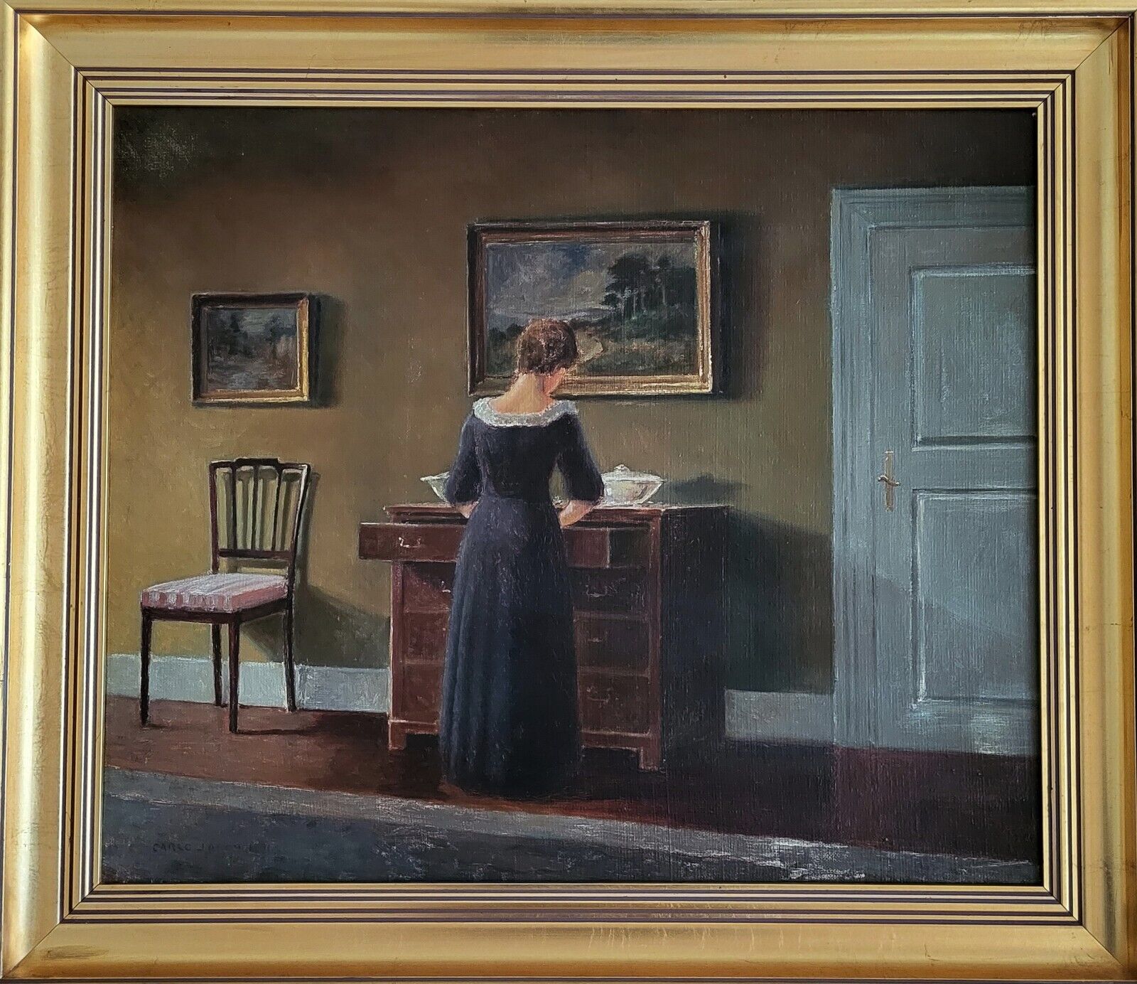 Oil painting Carlo Jacobsen(1884-1960): ”Interior with a graceful woman”