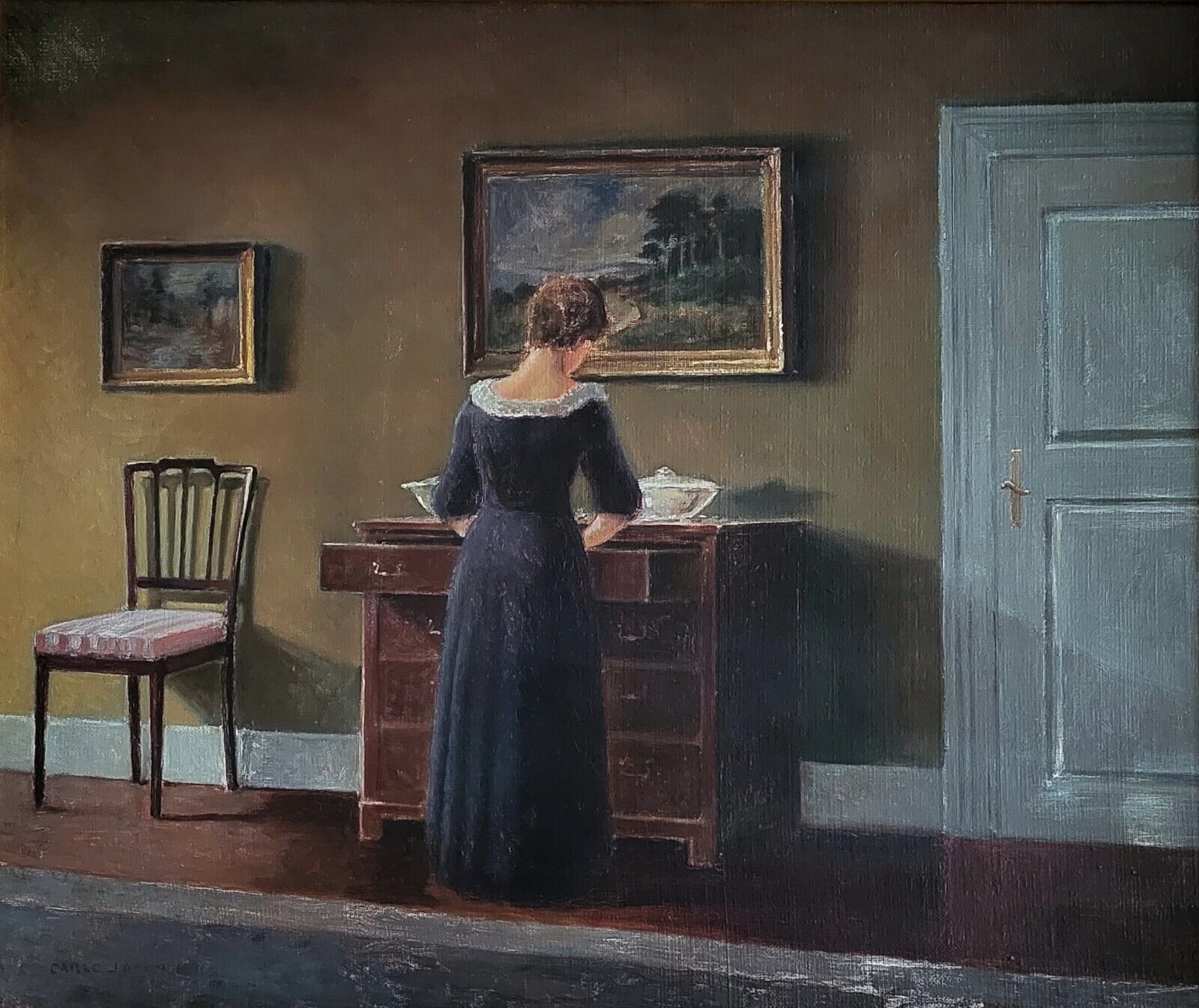 Oil painting Carlo Jacobsen(1884-1960): ”Interior with a graceful woman”