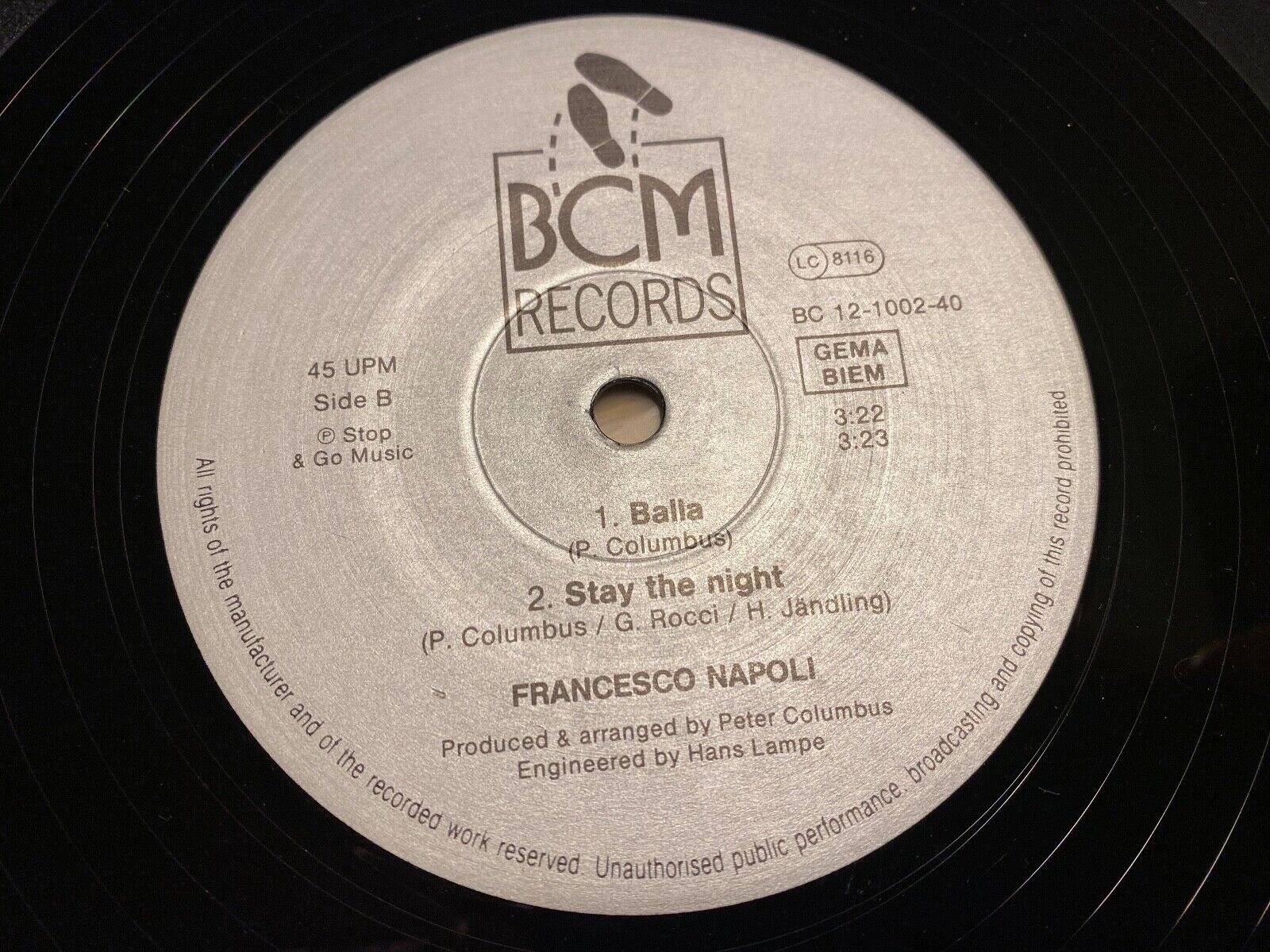 FRANCESCO NAPOLI "BALLABALLA" GERMAN PRESS BCM 45 RPM MEGAMIX HIT CONNECTION