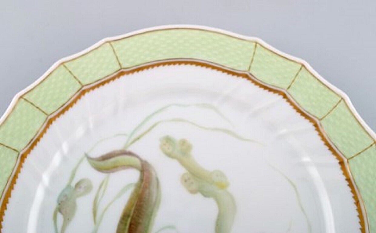 Royal Copenhagen fish plate with green edge gold decoration and fish motif