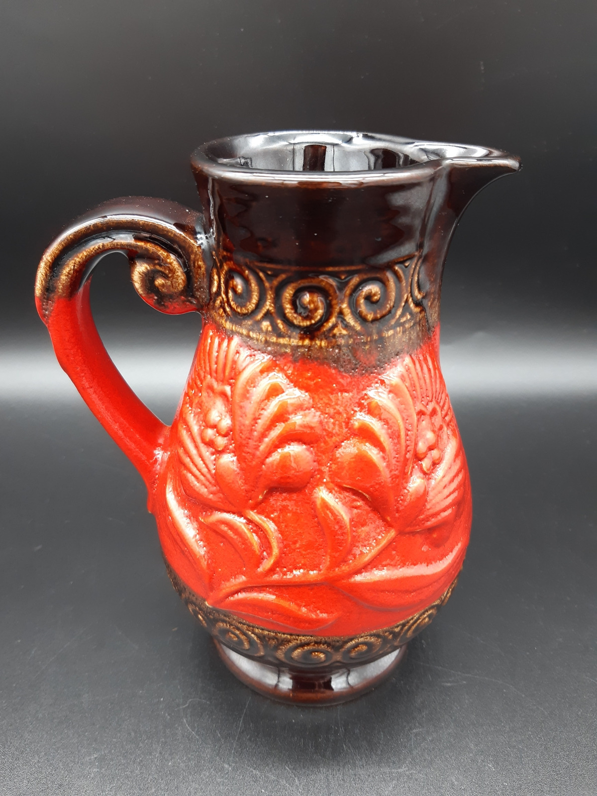 Mid century vintage Bay Germany ceramic jug vase 1970s red brown retro