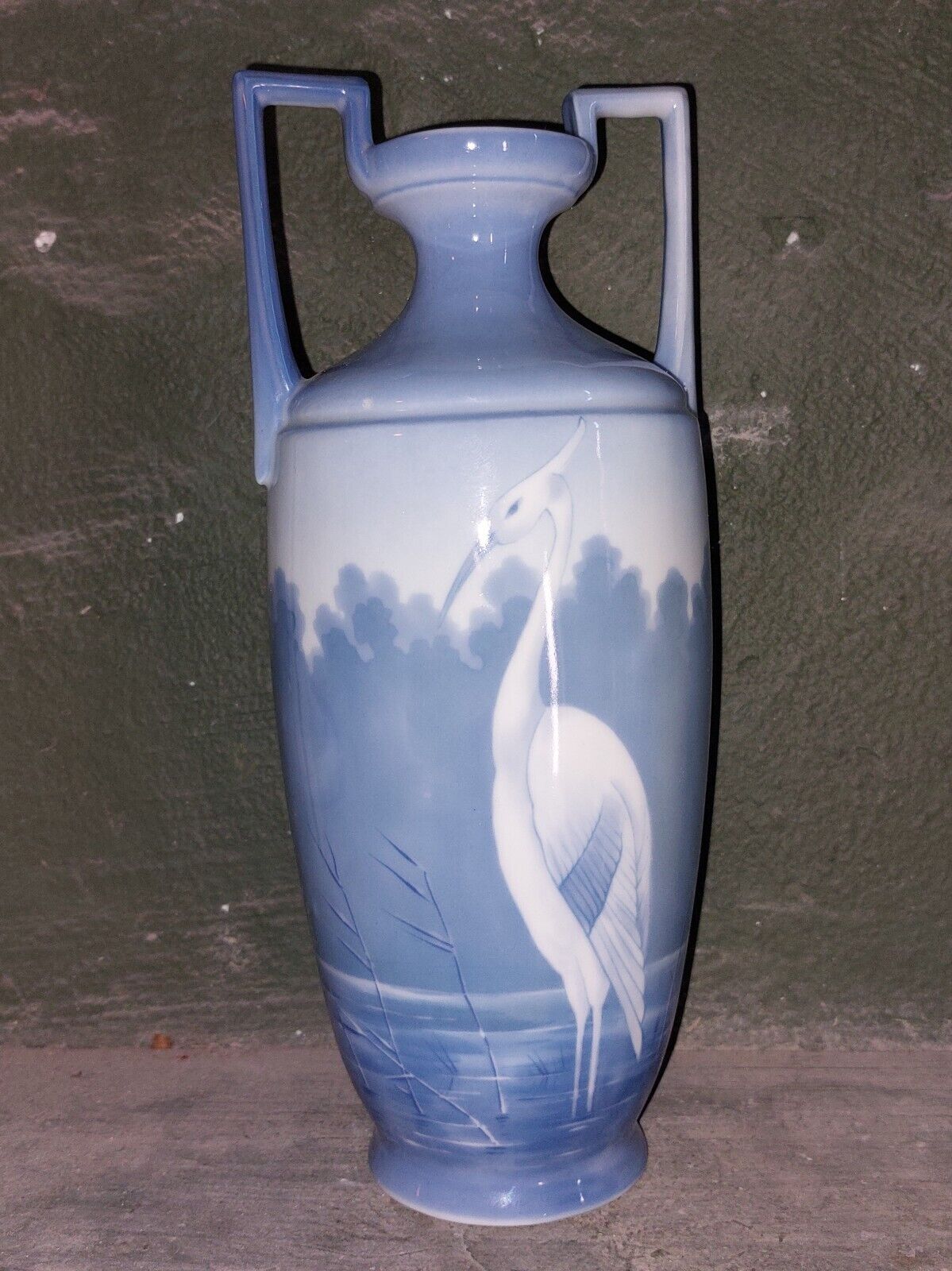 Old Art Nouveau Porcelain Vase from Eichwald Austria with crane decor c 1910