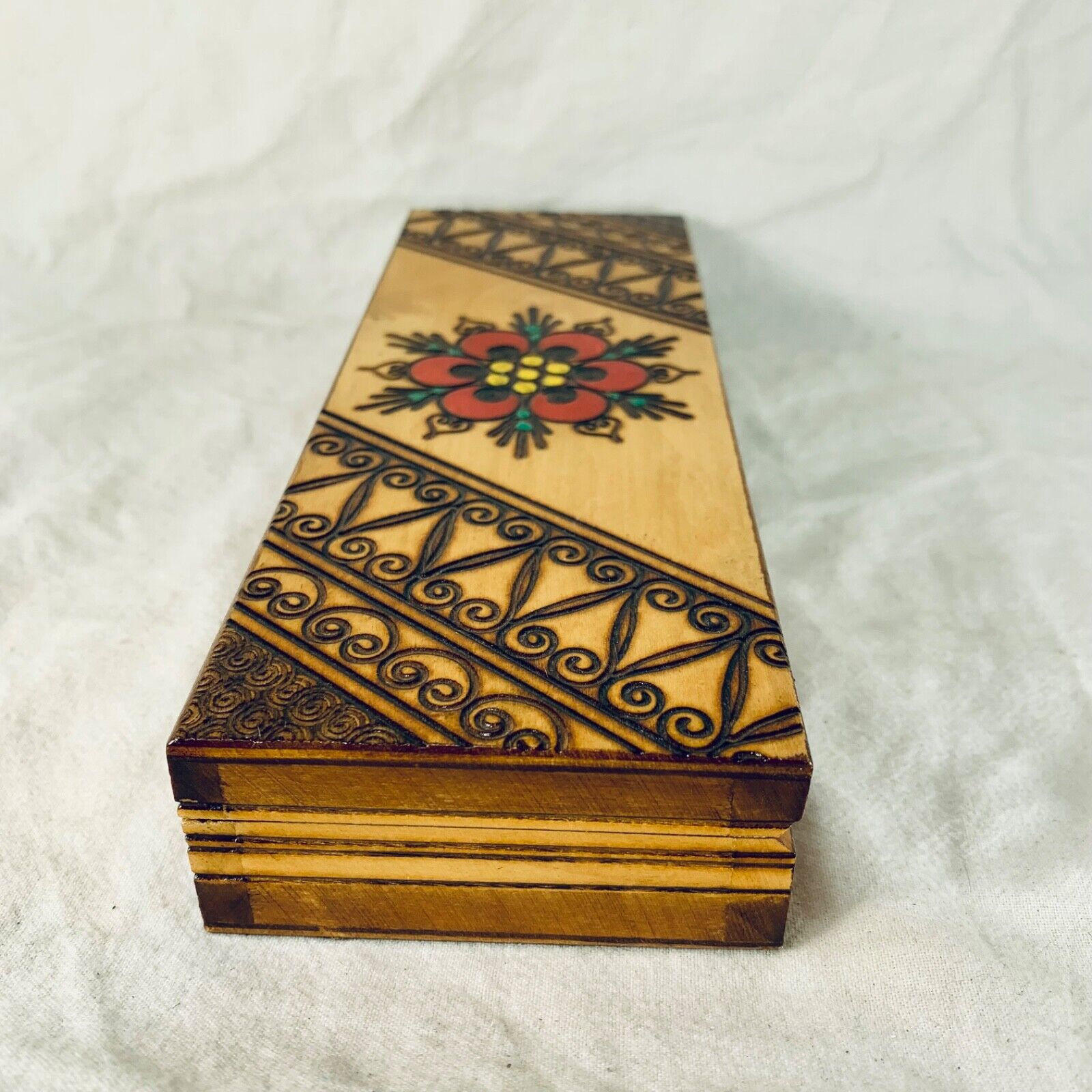 Vintage Russian Pyrography Painted Burned Wood Trinket Box Flower 21x8cm