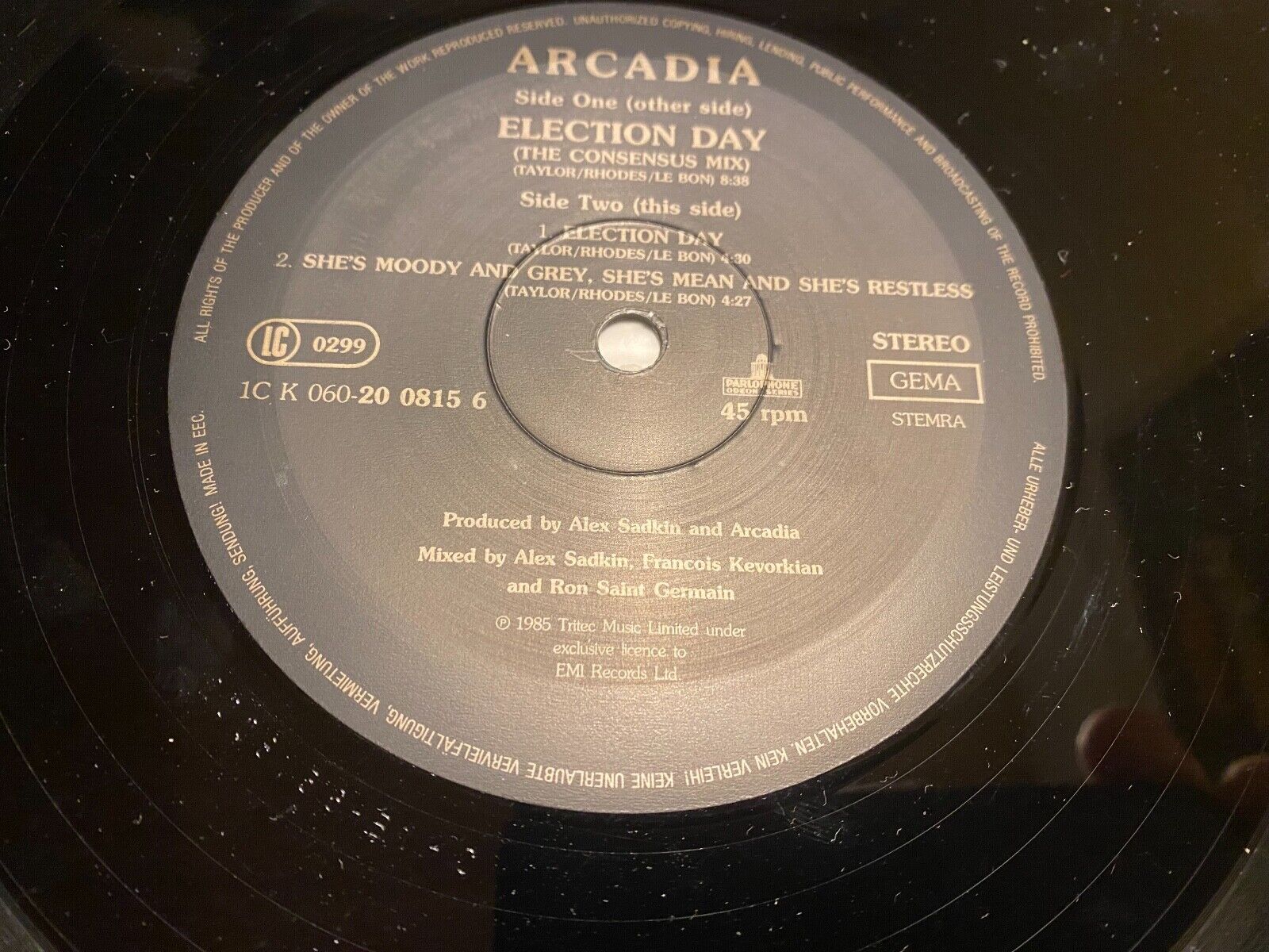 ARCADIA "ELECTION DAY" THE CONSENSUS MIX 1985 PARLOPHONE RECORDS 12" MAXI 45 RPM