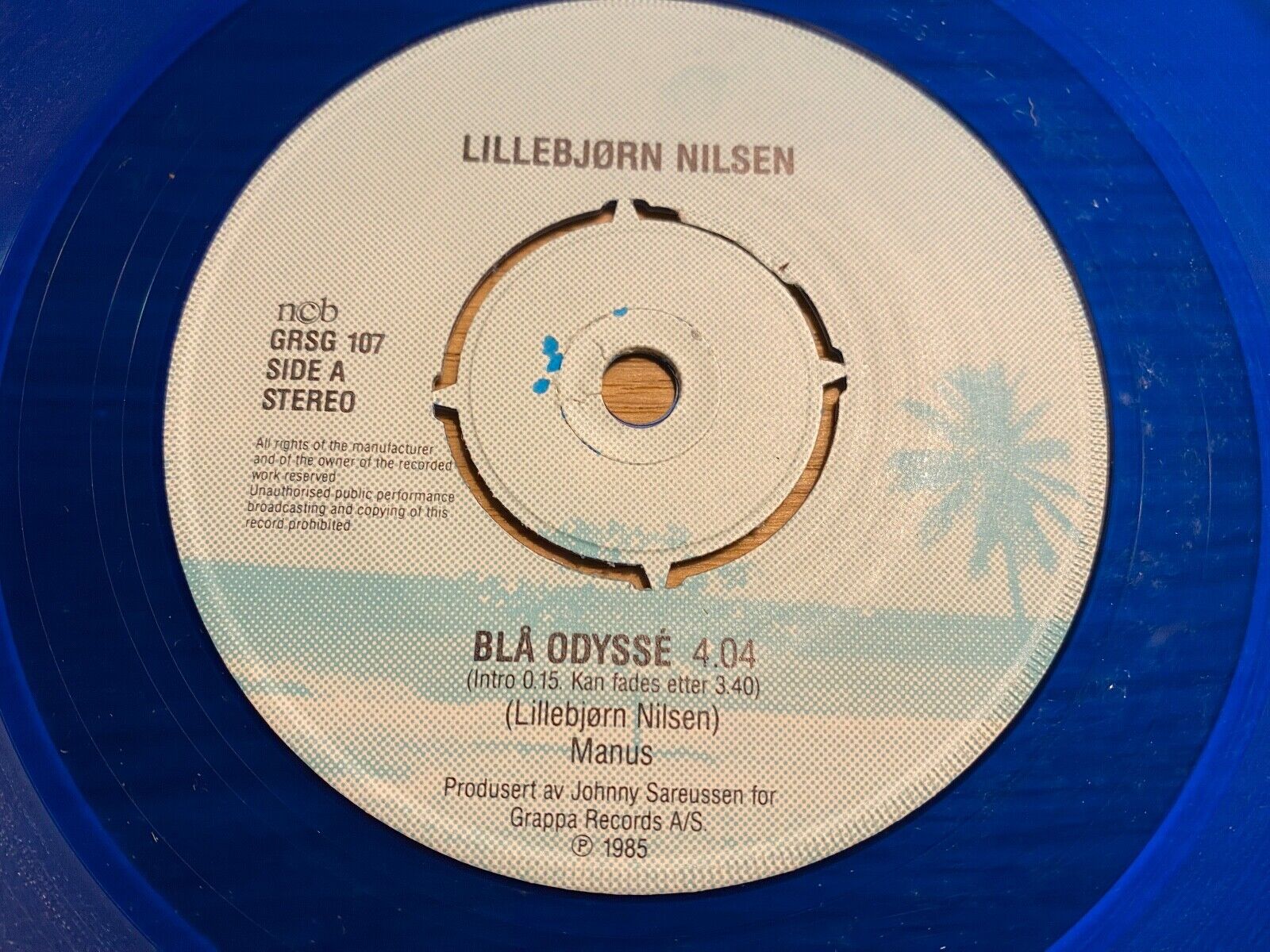 LILLEBJØRN NILSEN SANGEN ON DANMARK/BLÅ ODYSSÈ 1985 NORWEGIAN 7" SINGLE BLUE WAX