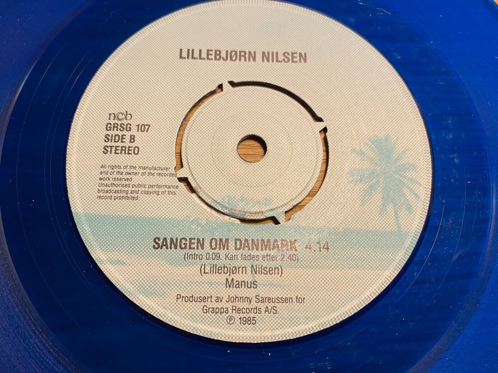 LILLEBJØRN NILSEN SANGEN ON DANMARK/BLÅ ODYSSÈ 1985 NORWEGIAN 7" SINGLE BLUE WAX