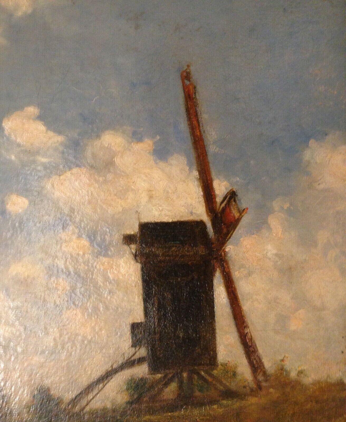 WOMAN WITH DOGCART BY A WINDMILL original antique oil painting Dutch