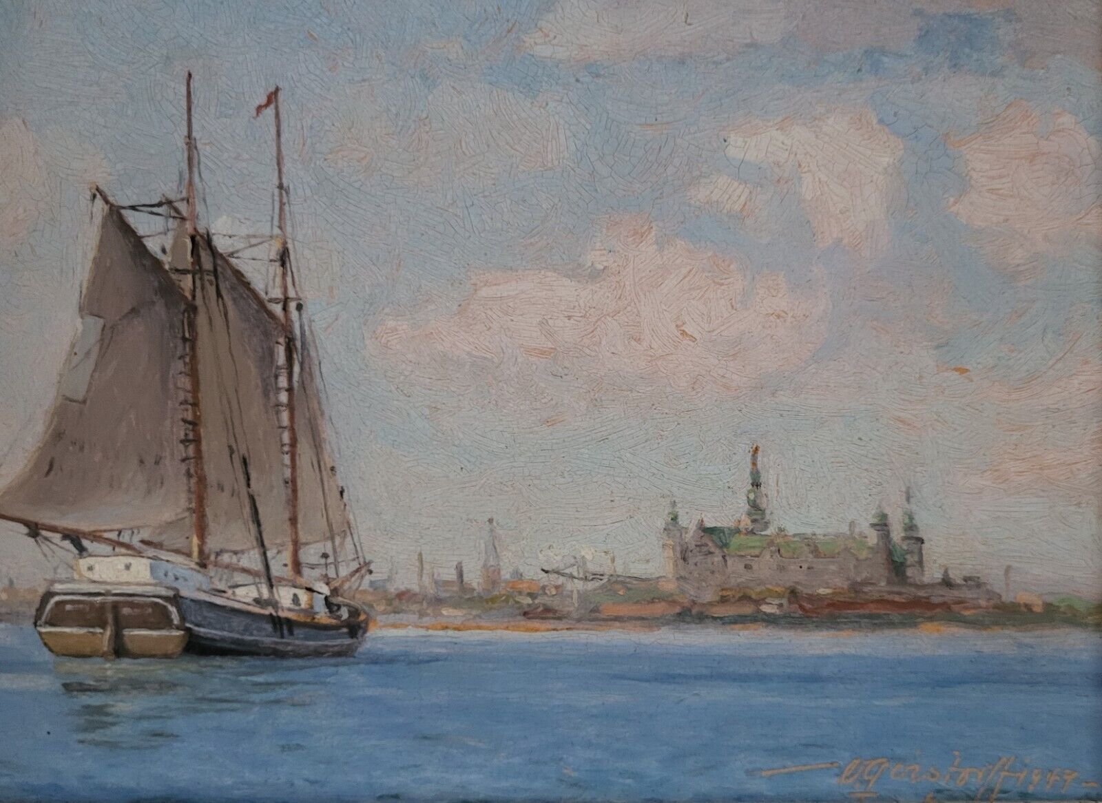 Oil painting Victor Qvistorff (1882-1953):”Old sailboat and Helsingor” (1949)