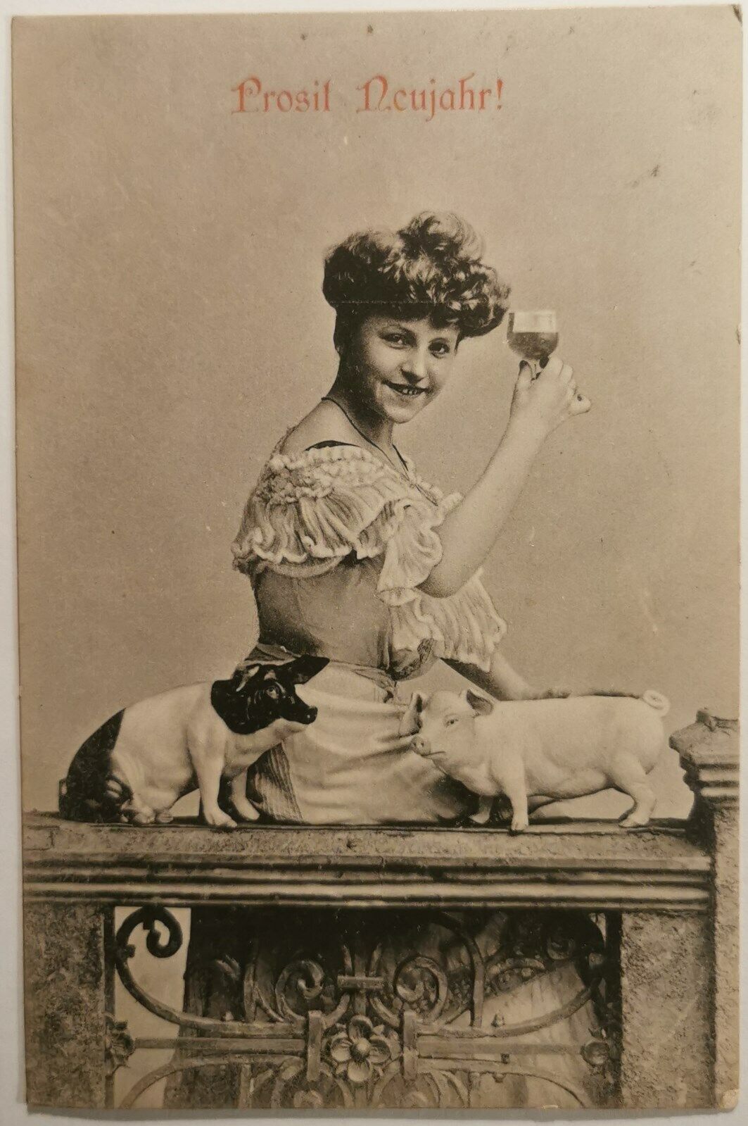 Vtg postcard: Pretty young woman and pigs wishes Happy New Year 1916  Pok1150