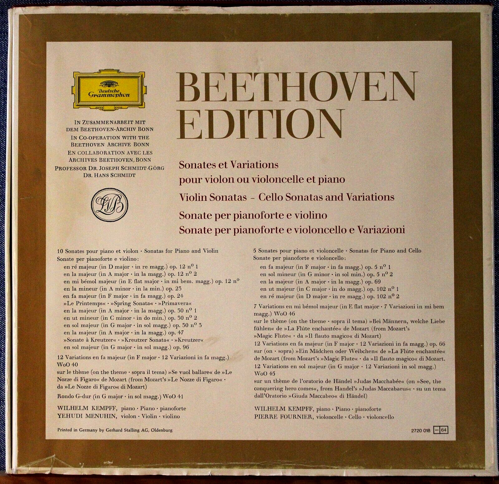 Kempff; Menuhin; Fournier Beethoven (Violin  cello sonatas) DGG 2720 016 Box