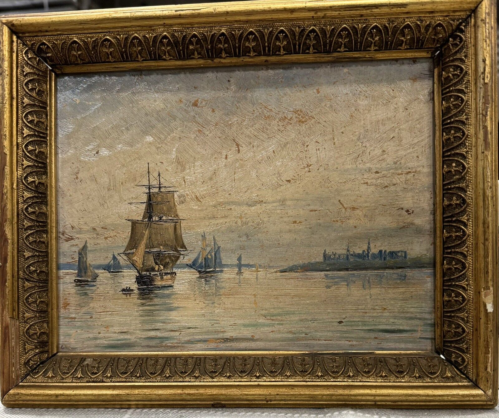 Antique Framed Oil Painting: Marine Sailing Ships On The Sea Near Castle C. 1880