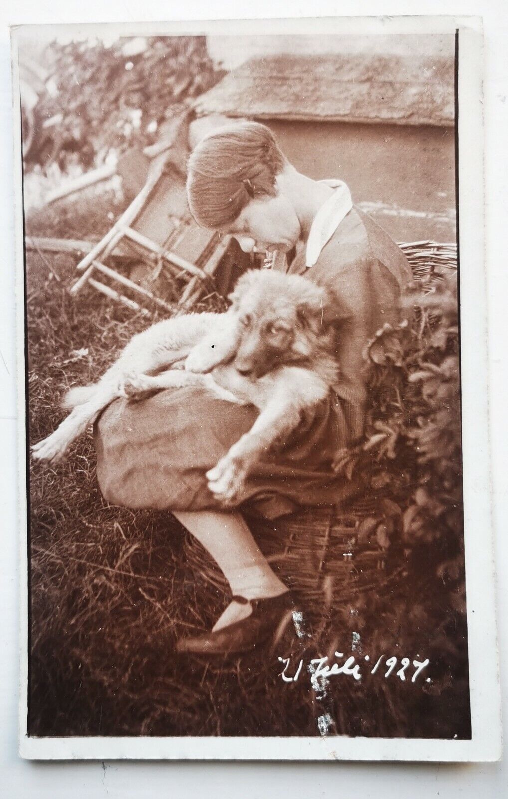 Old postcard: Teen girl sleeping with her beloved dog in her lap 1927  pok1486