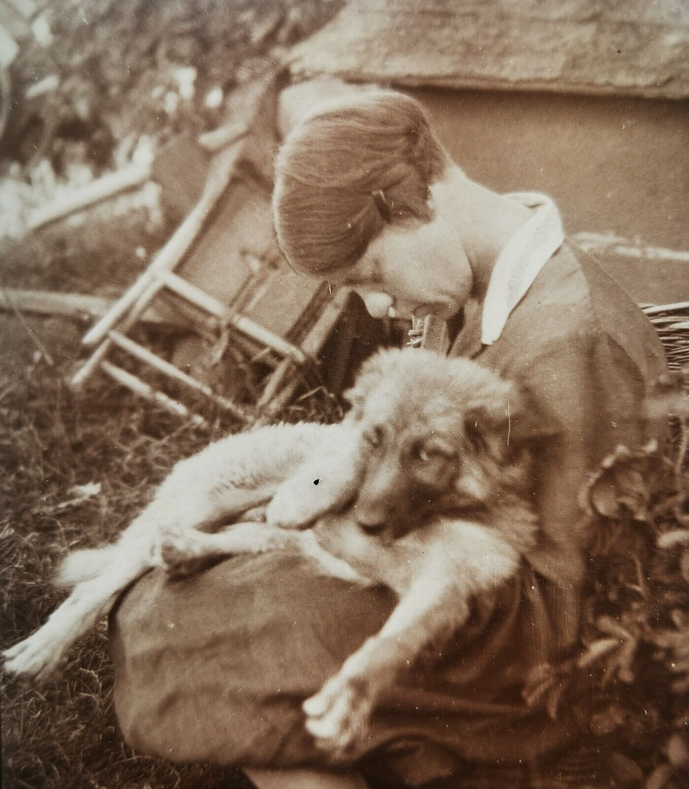 Old postcard: Teen girl sleeping with her beloved dog in her lap 1927  pok1486