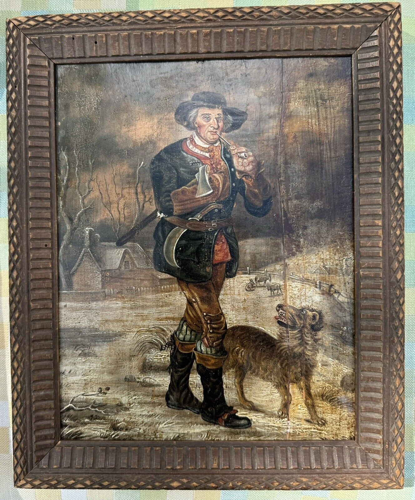 Old Oil Painting: Man With Axe Smoking His Pipe Walking With His Dog c 1880