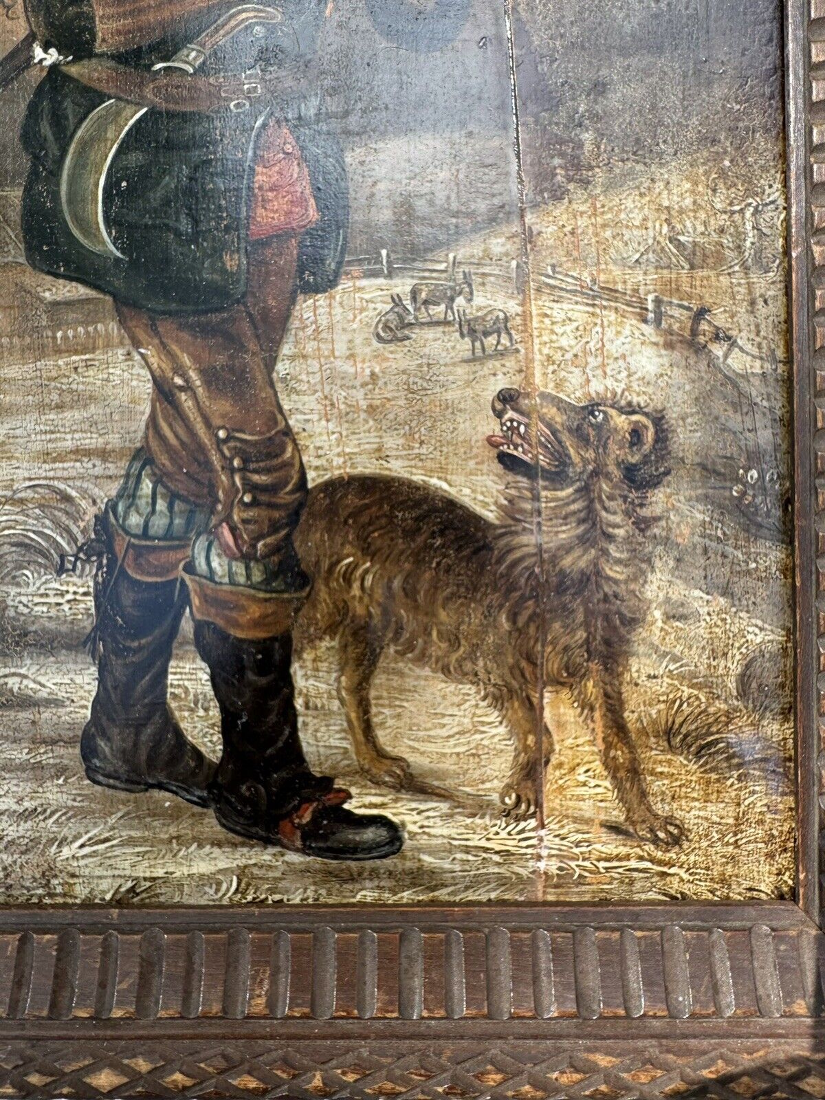 Old Oil Painting: Man With Axe Smoking His Pipe Walking With His Dog c 1880