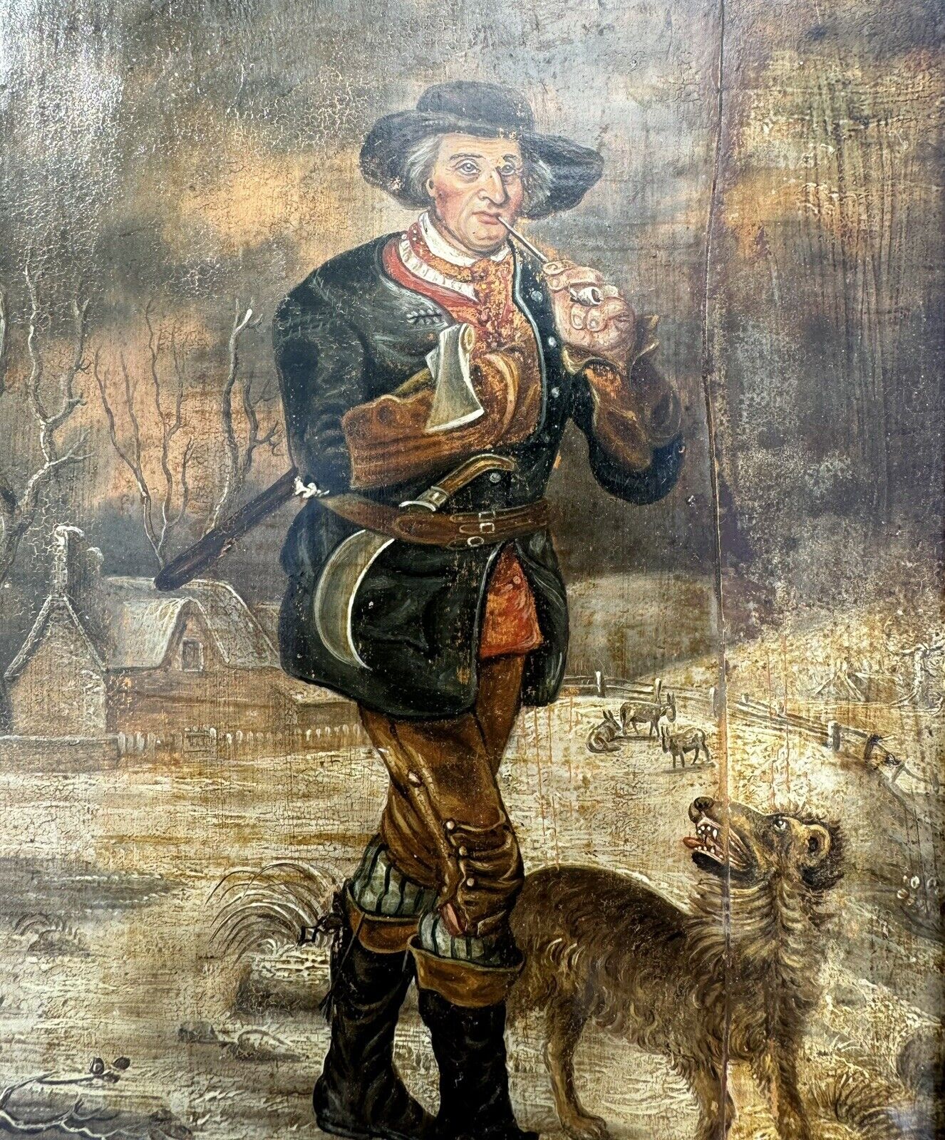 Old Oil Painting: Man With Axe Smoking His Pipe Walking With His Dog c 1880