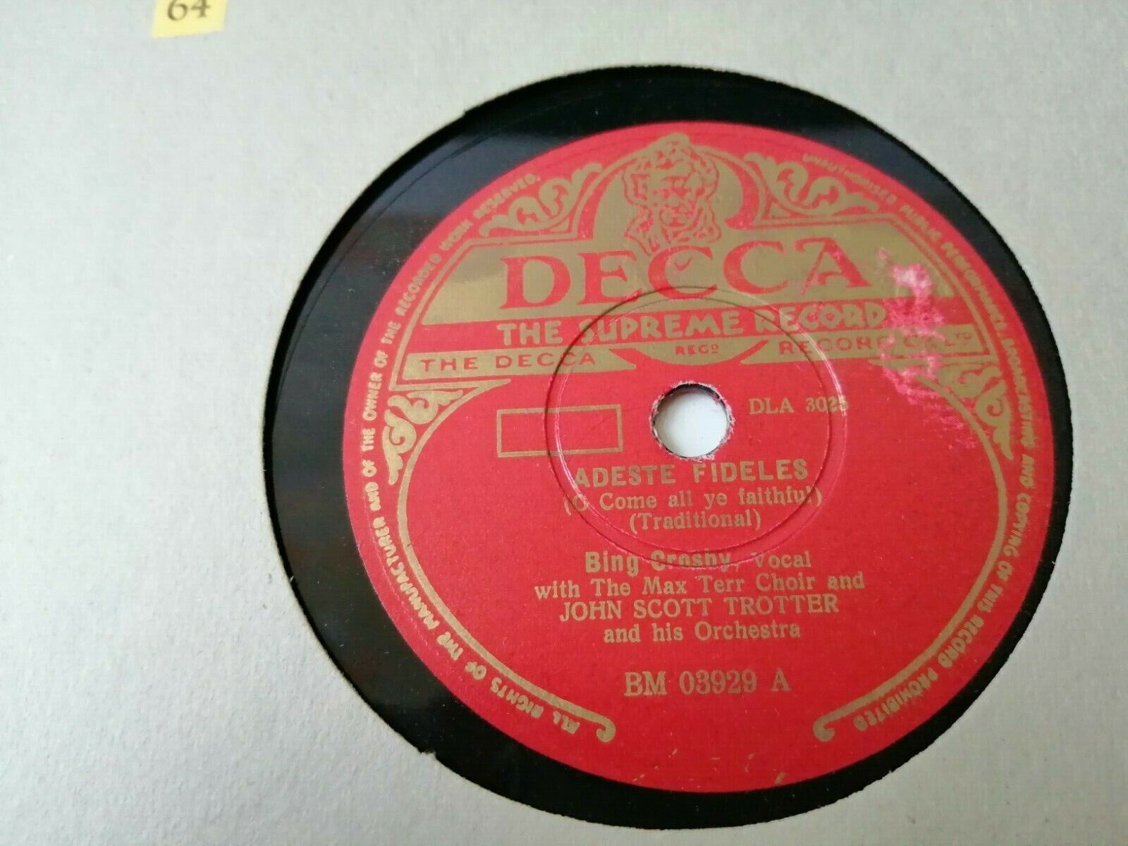 78 RPM  shellacBING CROSBYAdeste Fideles /Silent NightHoly NightDecca 