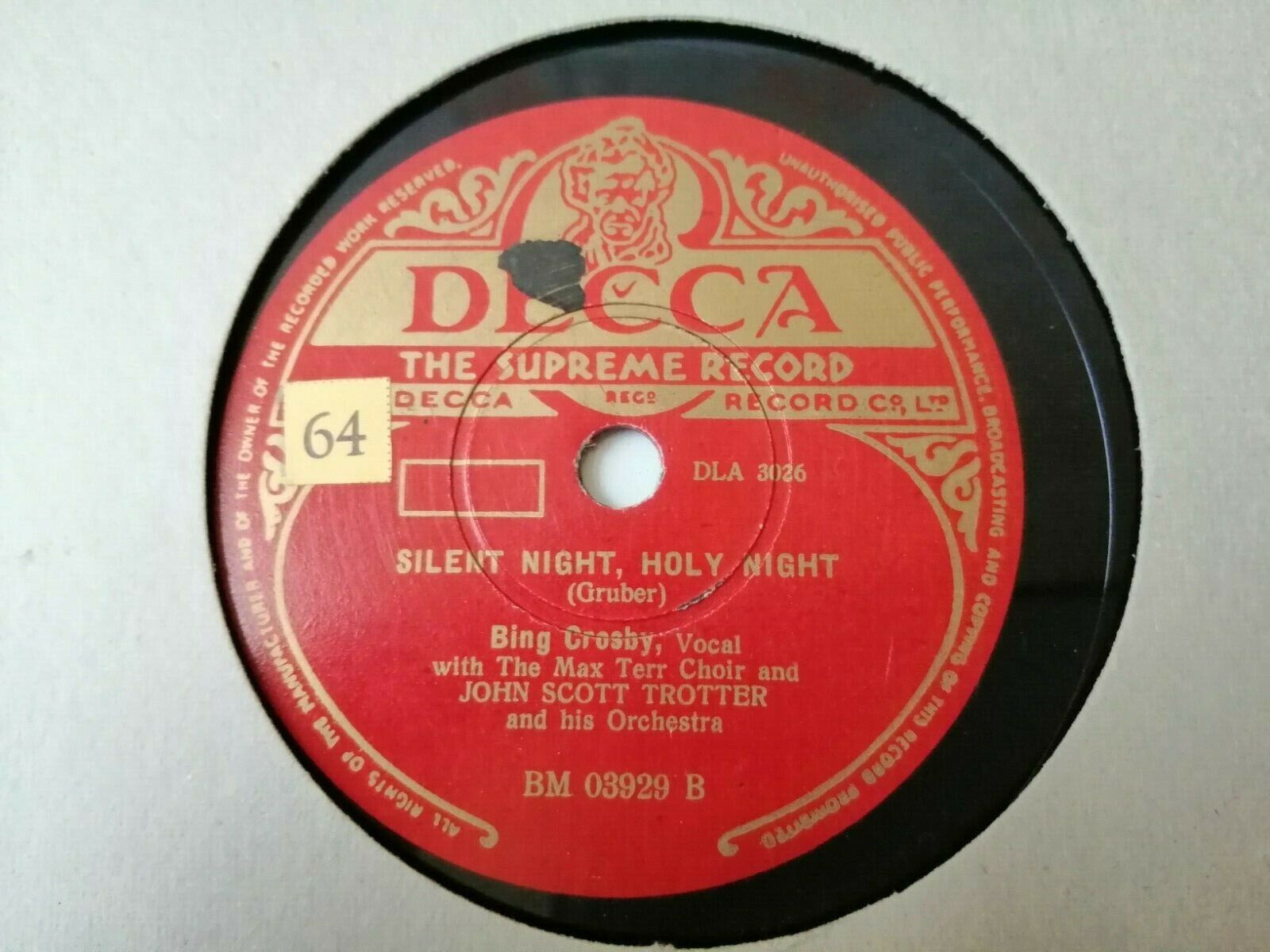 78 RPM  shellacBING CROSBYAdeste Fideles /Silent NightHoly NightDecca 