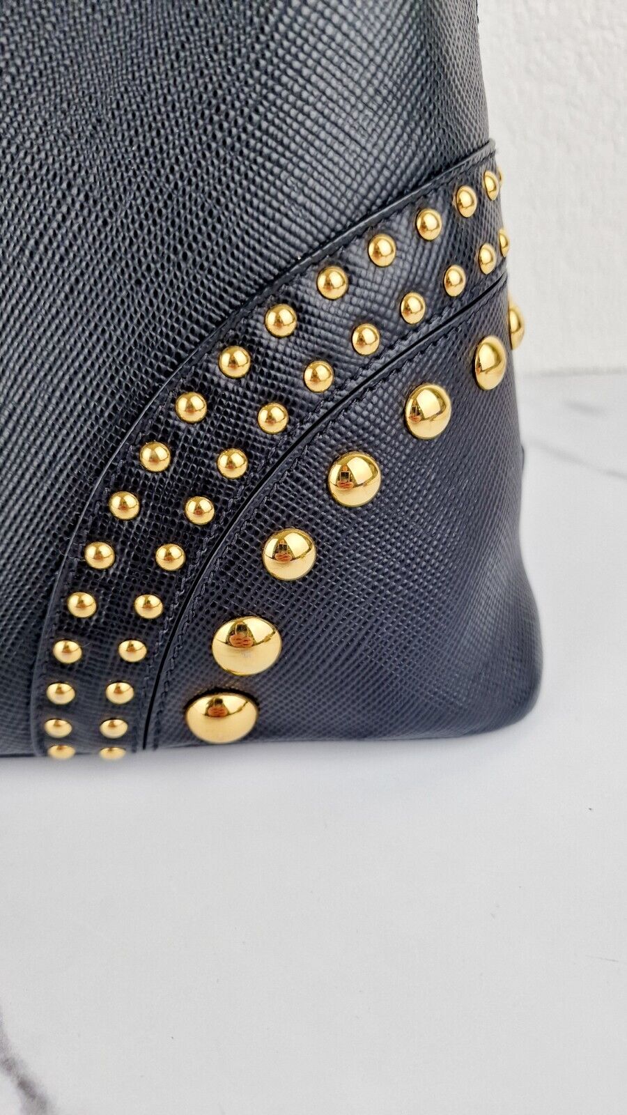 Prada Saffiano Cuir Handbag Black Leather Gold Studs Handbag Prada BN2753