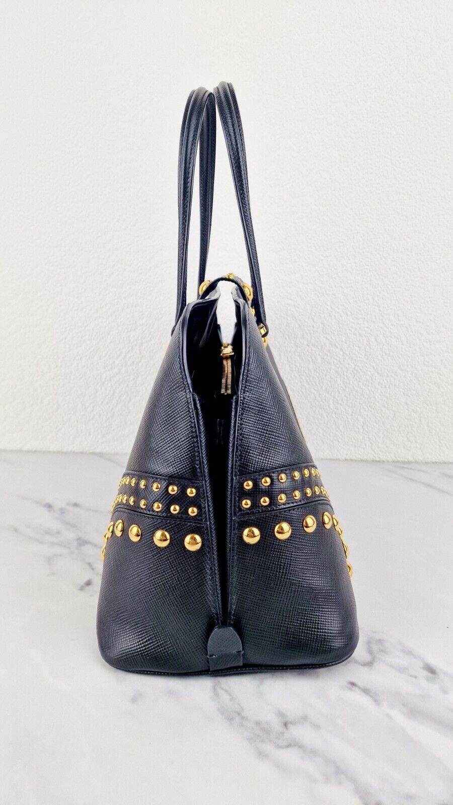 Prada Saffiano Cuir Handbag Black Leather Gold Studs Handbag Prada BN2753