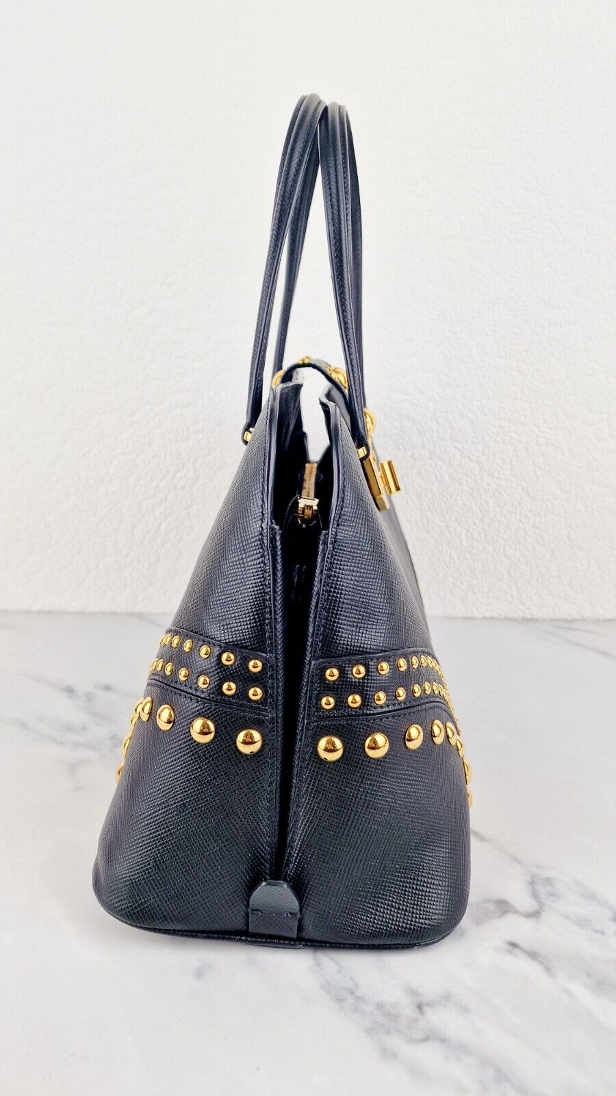 Prada Saffiano Cuir Handbag Black Leather Gold Studs Handbag Prada BN2753