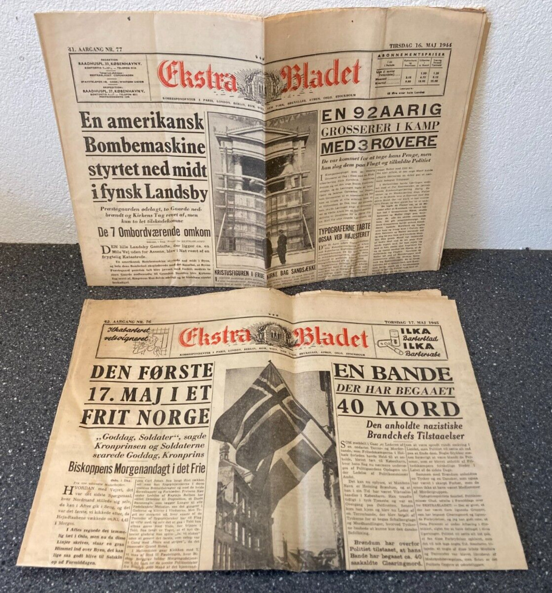 2x Pcs Danish WWII World War 2 Newspaper Lot - 1944 - "Ekstrabladet" Denmark