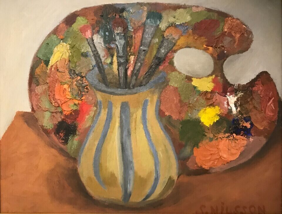 STILL LIFE WITH BRUSHES AND PAINTER PALETTE