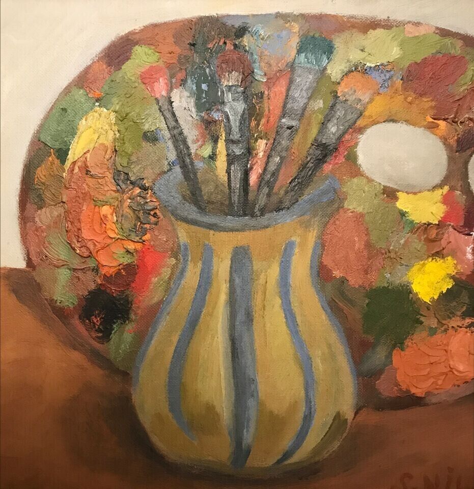 STILL LIFE WITH BRUSHES AND PAINTER PALETTE