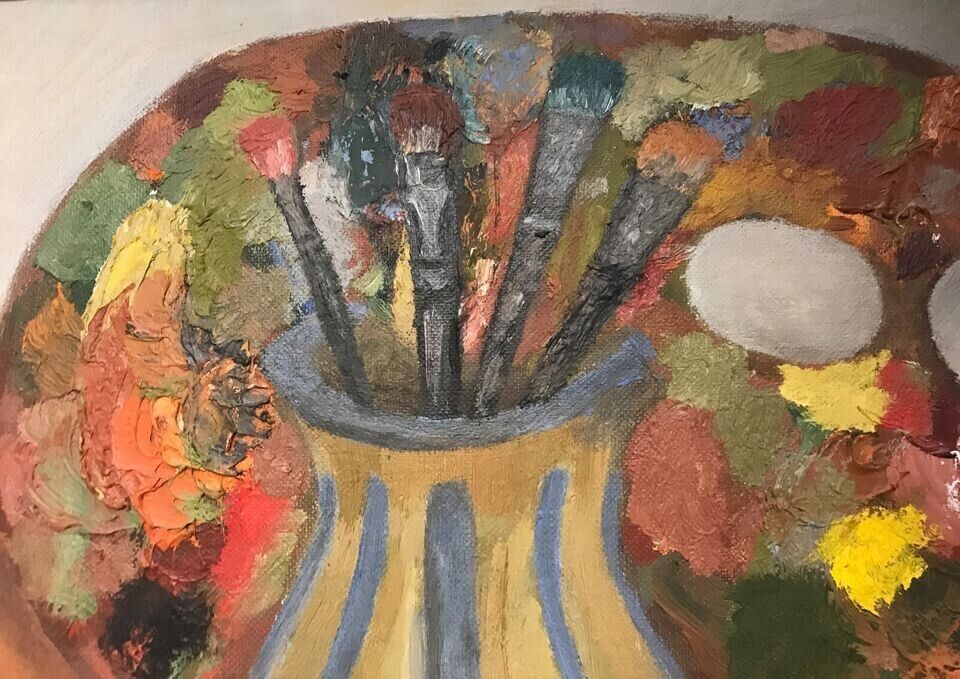 STILL LIFE WITH BRUSHES AND PAINTER PALETTE