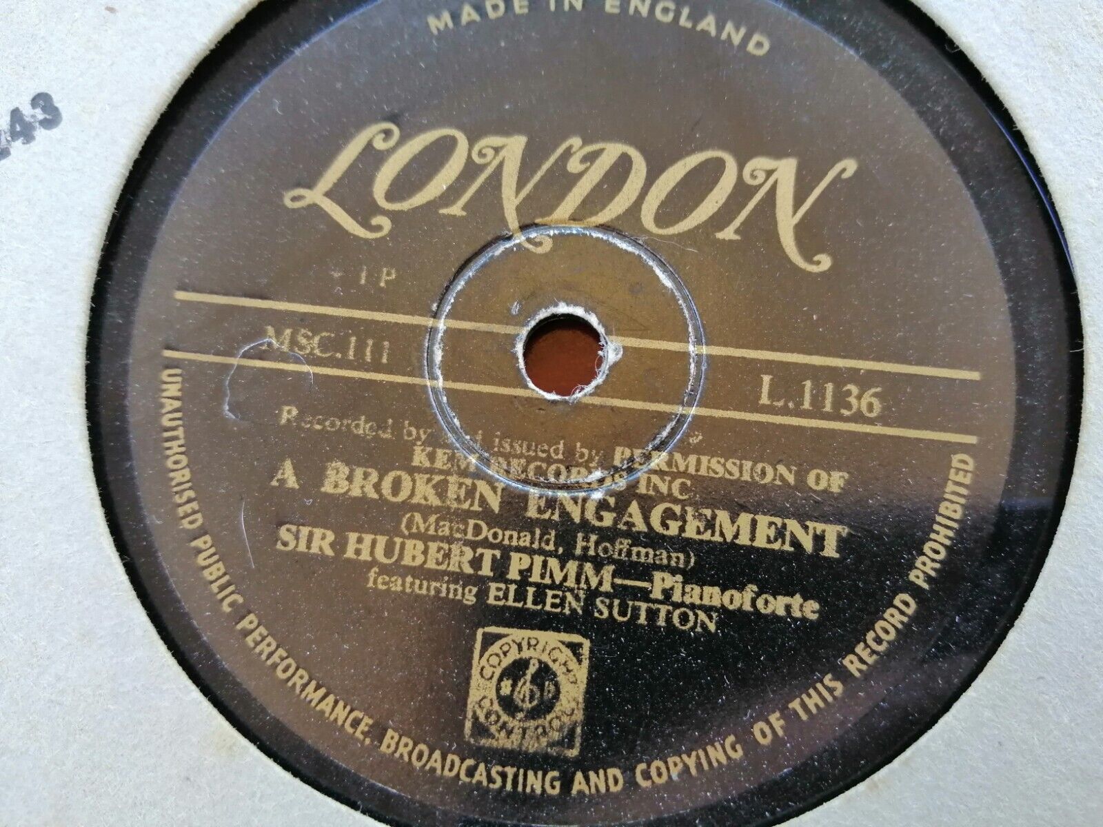 78 RPM  shellacSir Hubert Pimm :A Broken Engagement/Back In The Good Old Days