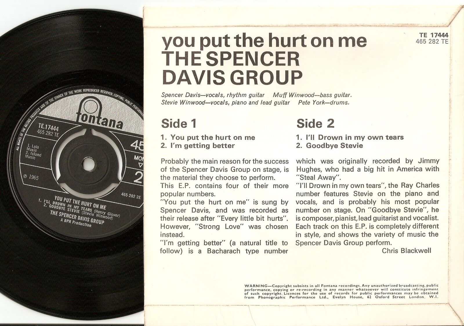 THE SPENCER DAVIS GROUP YOU PUT THE HURT ON ME EP 45+PS 1965 MOD FREAKBEAT RB