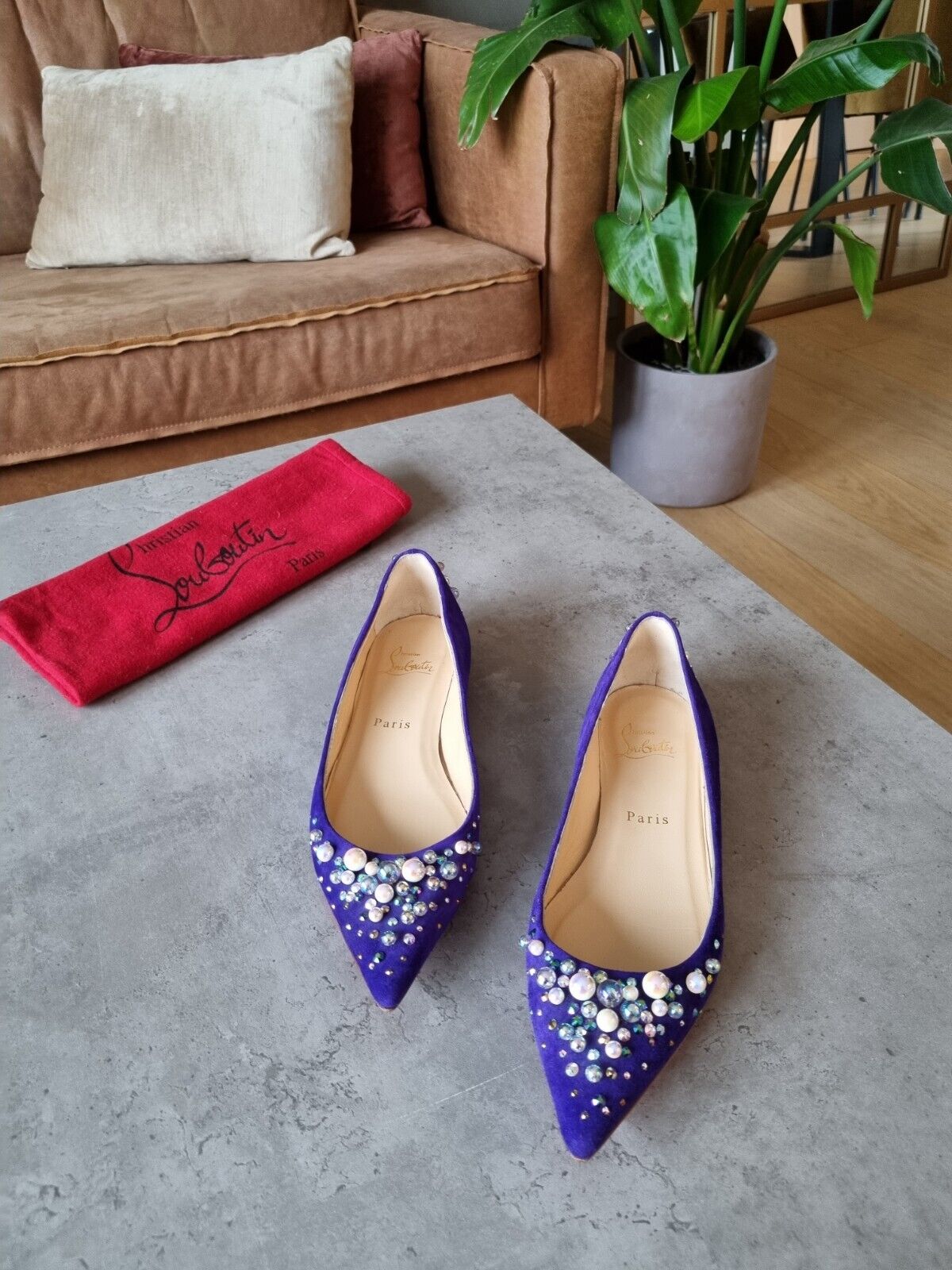 **Christian Louboutin** Blue Purple Suede Pearl Embellished Ballet Flats Size 37