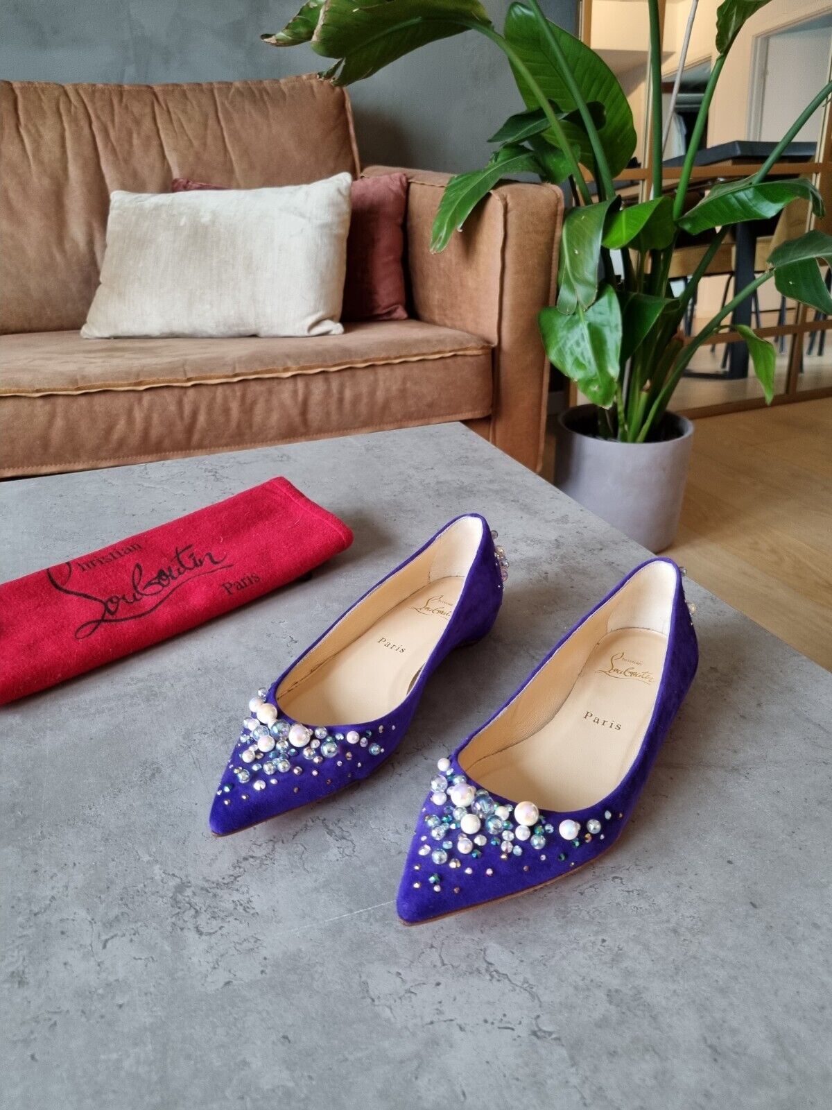 **Christian Louboutin** Blue Purple Suede Pearl Embellished Ballet Flats Size 37