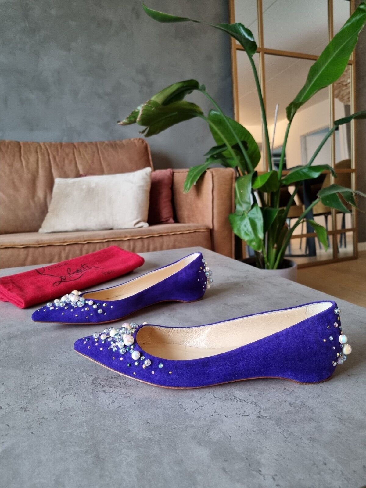 **Christian Louboutin** Blue Purple Suede Pearl Embellished Ballet Flats Size 37