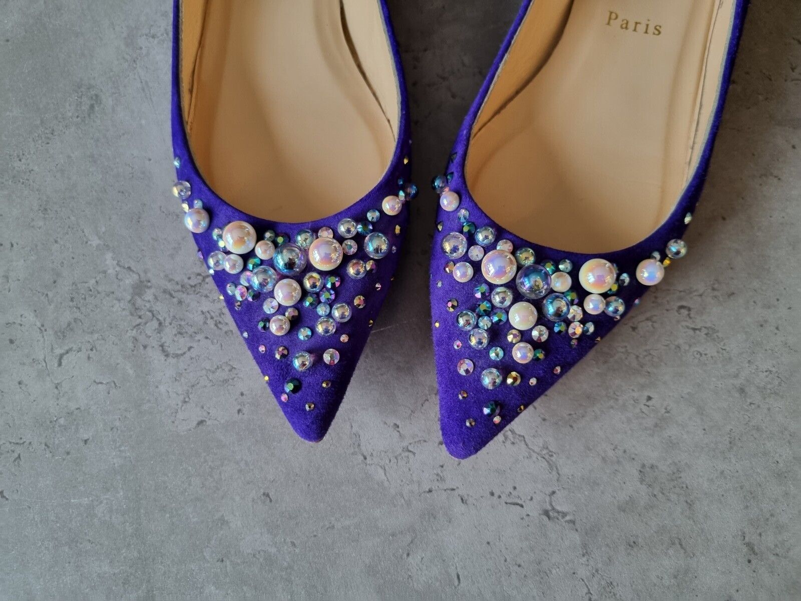 **Christian Louboutin** Blue Purple Suede Pearl Embellished Ballet Flats Size 37