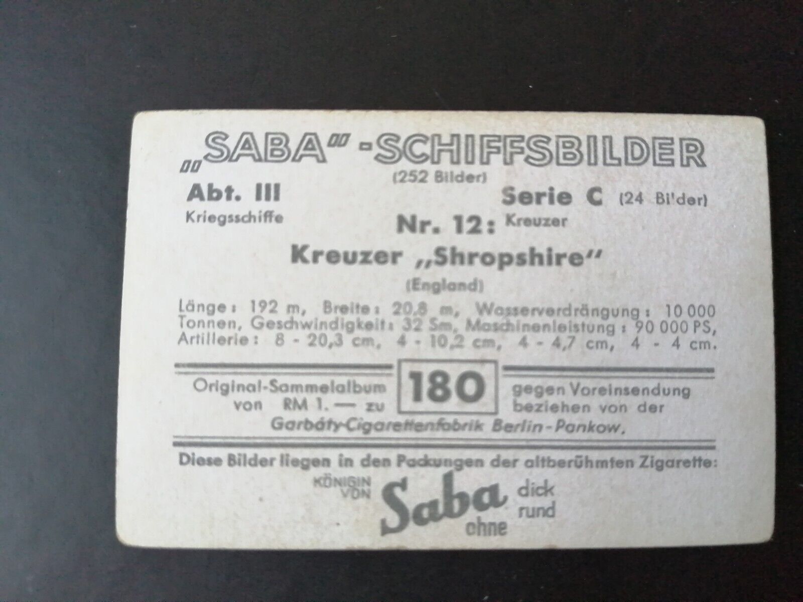 German SABA tobacco ship trading card 1931-33No 180 "Shropshire" England