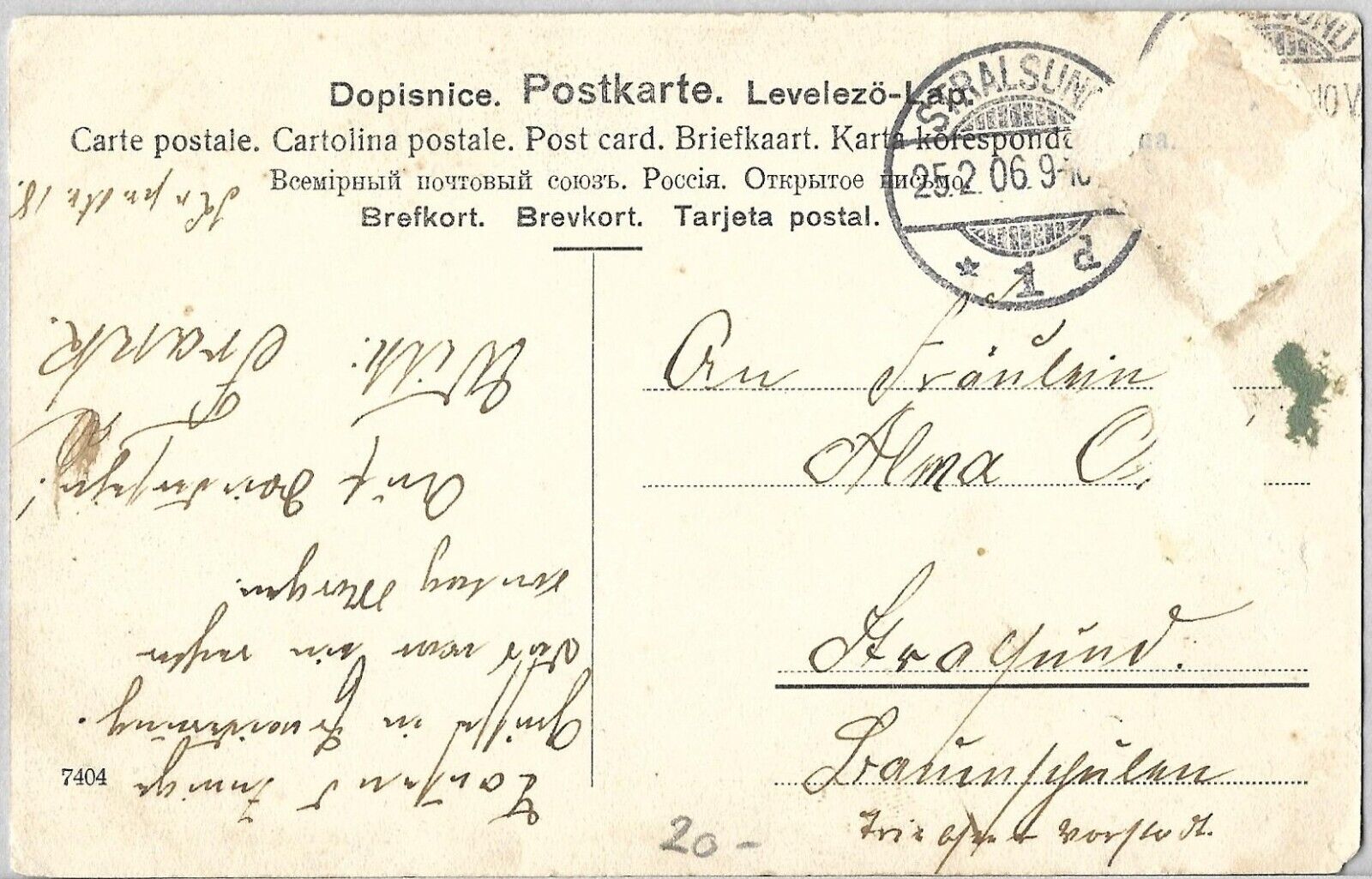 Postcard cancelled Stralsund 1906 Man Woman Romance