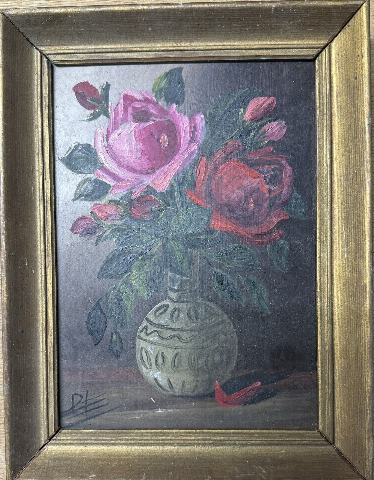 Nice Smaller Vintage Oil Painting With Flower Roses Motif Painted c. 1930