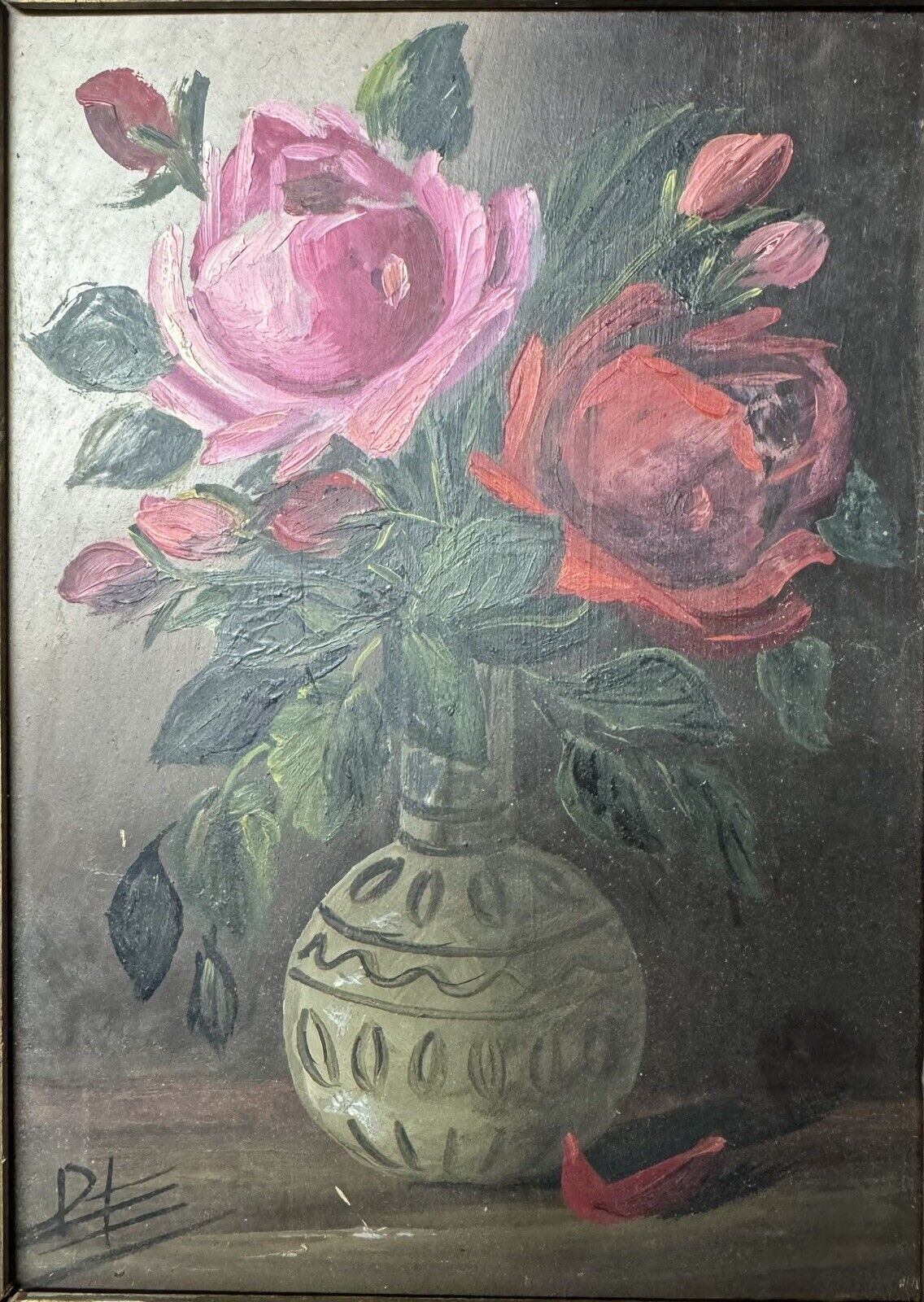 Nice Smaller Vintage Oil Painting With Flower Roses Motif Painted c. 1930