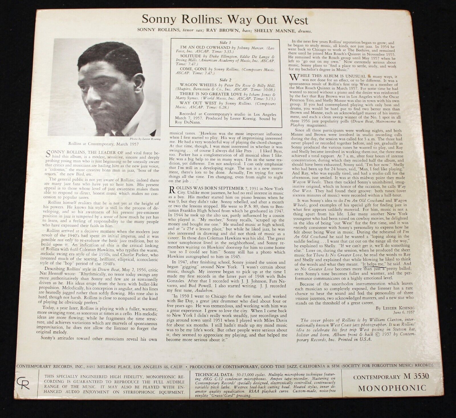 SONNY ROLLINS Way Out West US MONO Comtemporary LP Superb *MINT-* Jazz