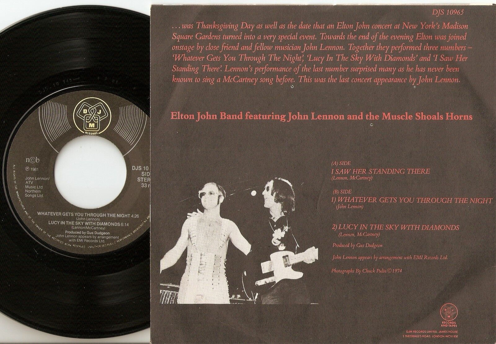 ELTON JOHN LENNON I SAW HER STANDING THERE LIVE DANISH EP 45+PS 1981 THE BEATLES