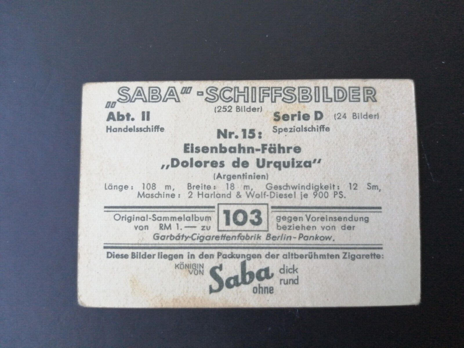 German SABA tobacco ship trading card 1931-33No 103Argentina