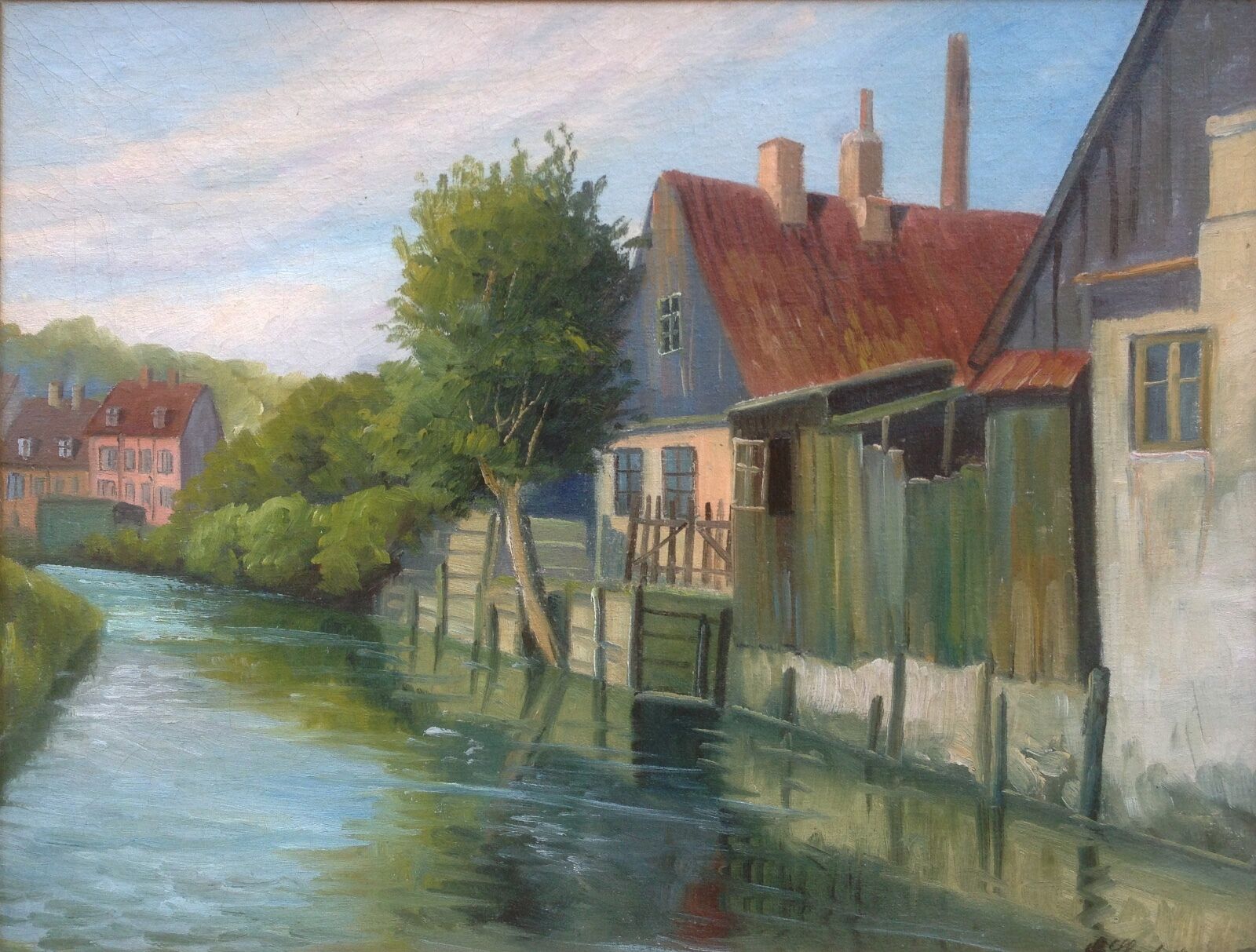 Georg Skodstrup (1887-?):  RIVERSIDE HOMES original oil painting