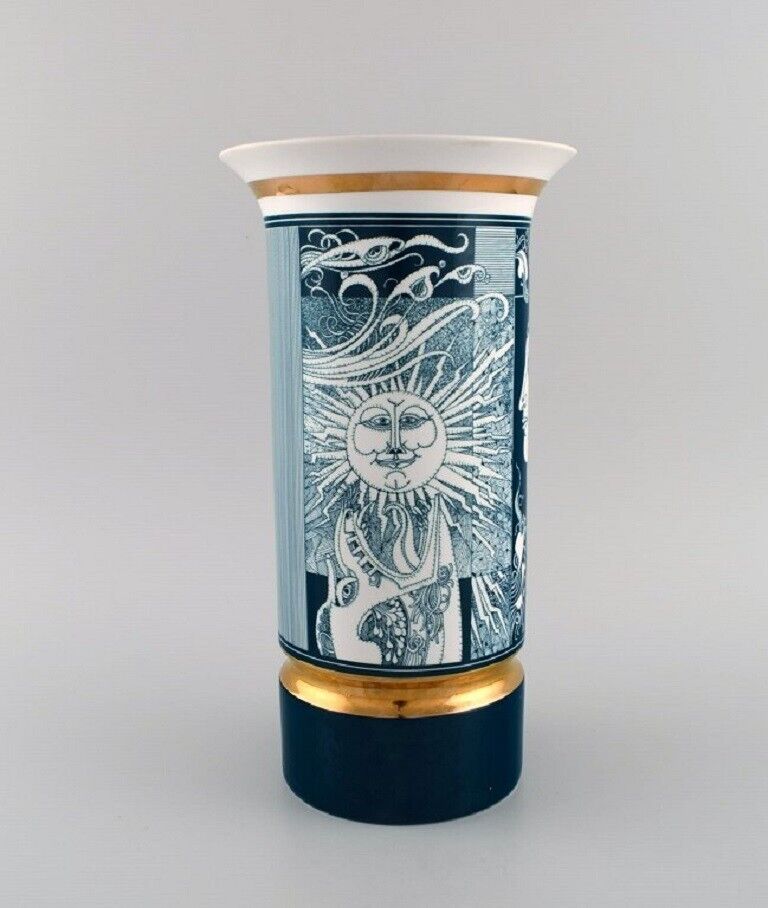 Large Hollóháza porcelain vase Art Deco motifs and gold border Mid 20th-C