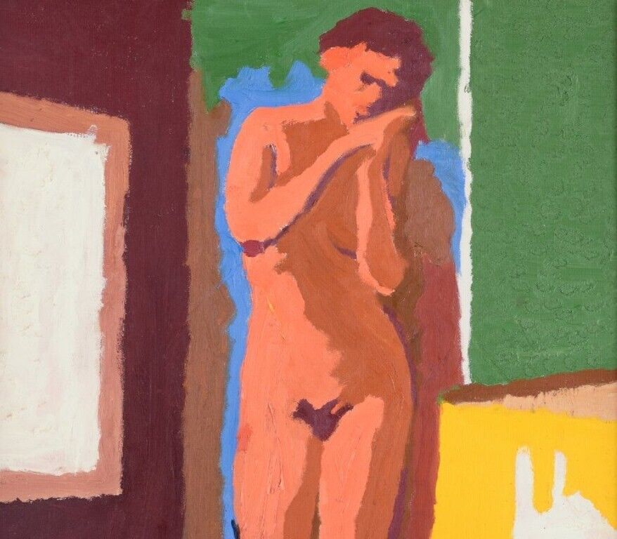 Swedish artist Oil on canvas Nude female model in interior Modernist style