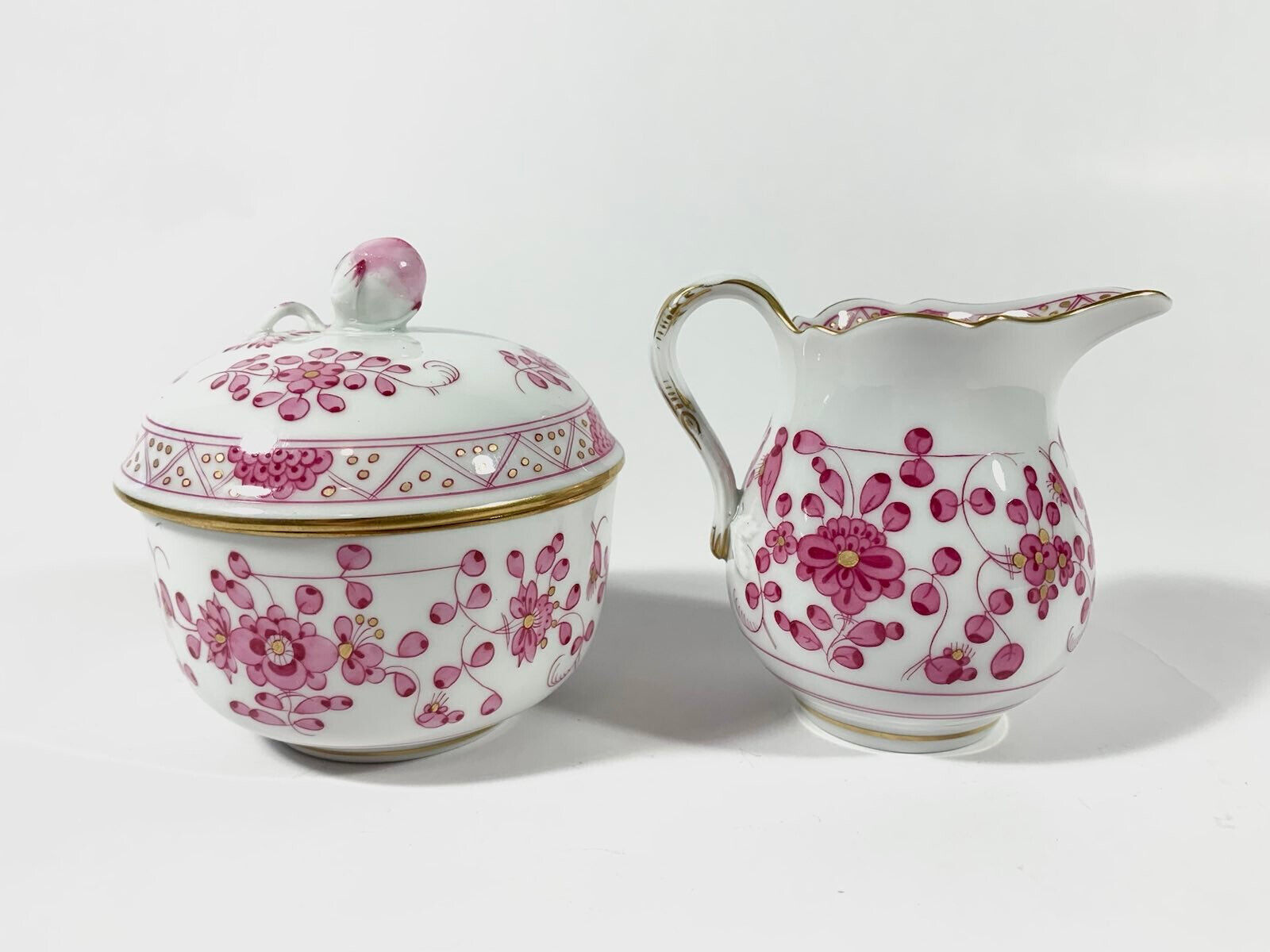 2x Meissen Indian Flower Pink Sugar Bowl  Creamer Set