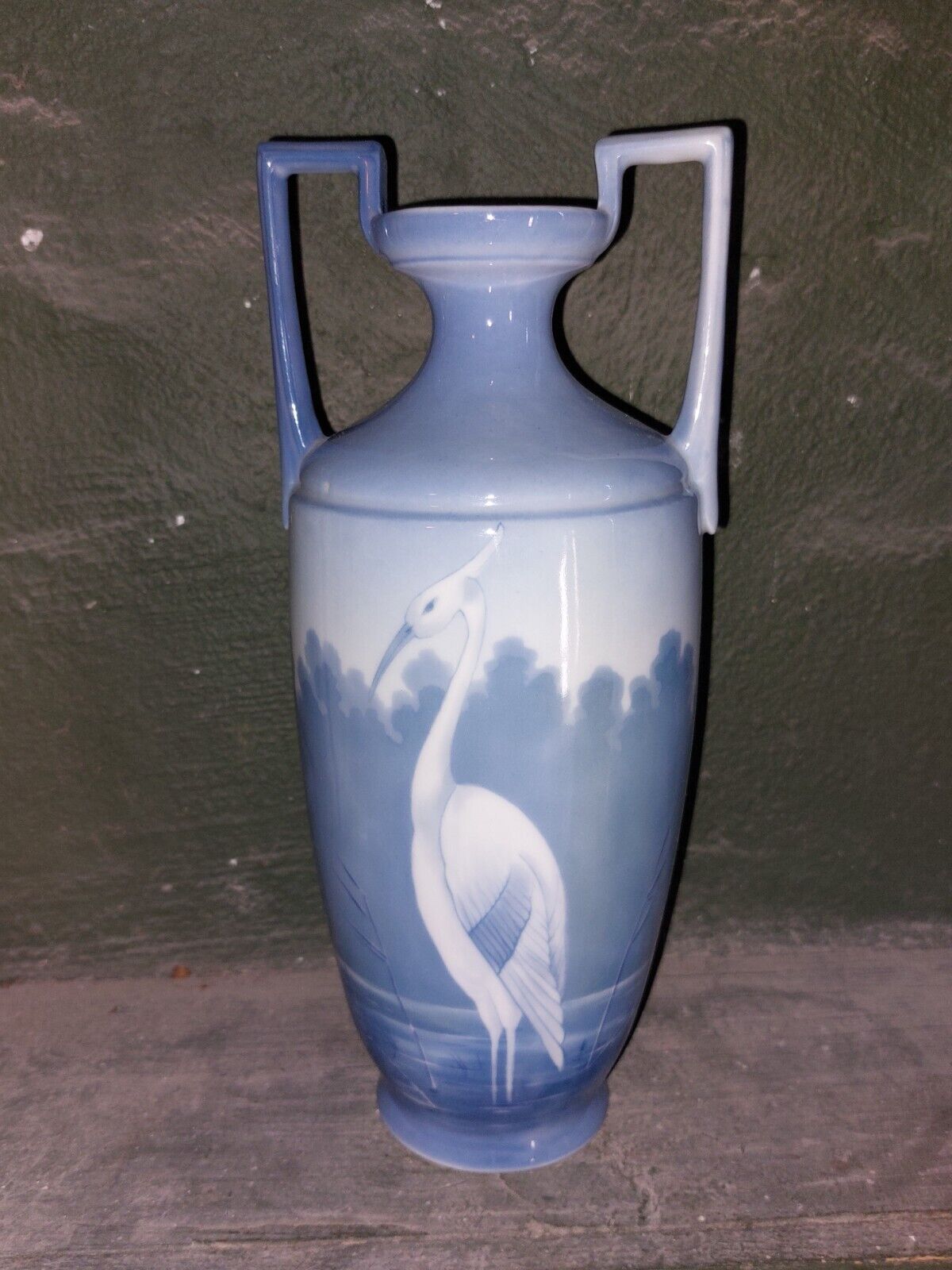 Old Art Nouveau Porcelain Vase from Eichwald Austria with crane decor c 1910